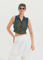 Shirt Collar Button Detailed Navy Blue Summer Blouse 4631
