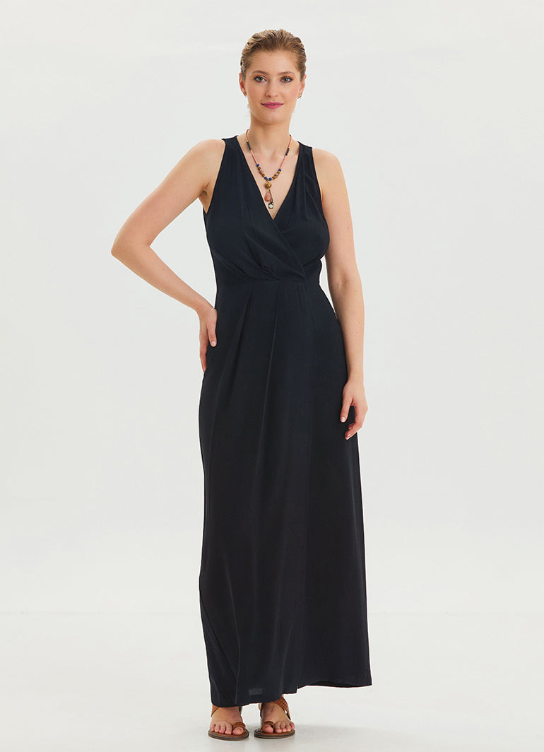 V Neck Slit Detailed Black Long Dress 4454