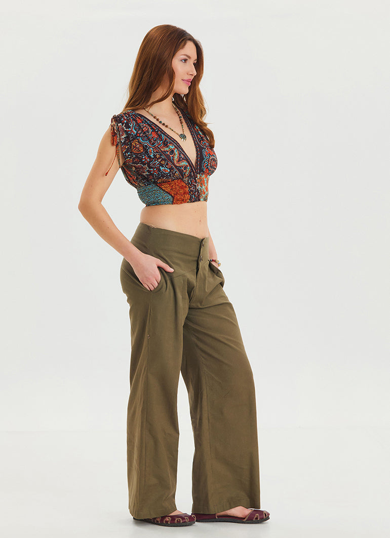 Pleated Bias Cut Buttoned Earth Color Bohemian Trousers 4464