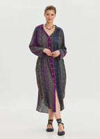 Shirt Collar Belt Detailed Purple Patterned Long Sleeve Dress 4449