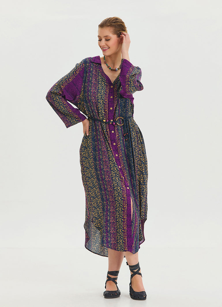 Shirt Collar Belt Detailed Purple Patterned Long Sleeve Dress 4449