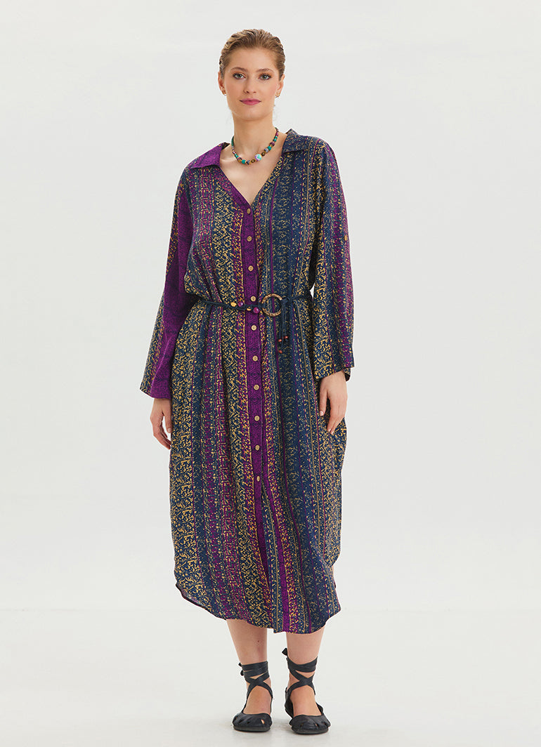 Shirt Collar Belt Detailed Purple Patterned Long Sleeve Dress 4449