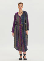 Shirt Collar Belt Detailed Purple Patterned Long Sleeve Dress 4449