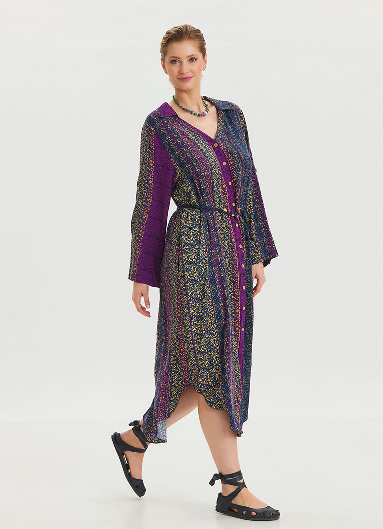 Shirt Collar Belt Detailed Purple Patterned Long Sleeve Dress 4449