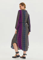 Shirt Collar Belt Detailed Purple Patterned Long Sleeve Dress 4449