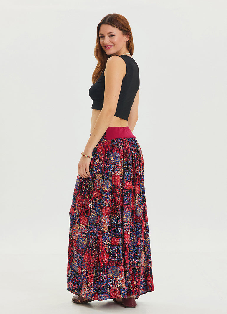 Red Ethnic Skirt with Elastic Waist and Drape Detail 4492