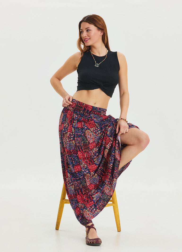 Red Ethnic Skirt with Elastic Waist and Drape Detail 4492