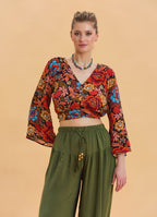 V Neck Button Detailed Black Authentic Blouse 4609