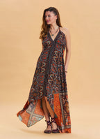 V Neck Backless Halter Neck Coffee Ethnic Dress 4654