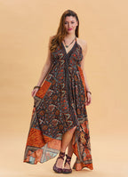 V Neck Backless Halter Neck Coffee Ethnic Dress 4654