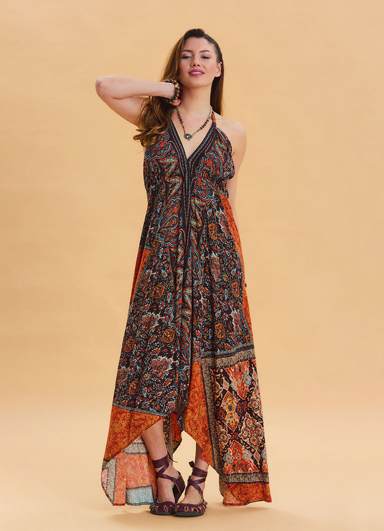 V Neck Backless Halter Neck Coffee Ethnic Dress 4654