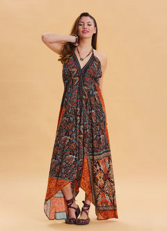 V Neck Backless Halter Neck Coffee Ethnic Dress 4654