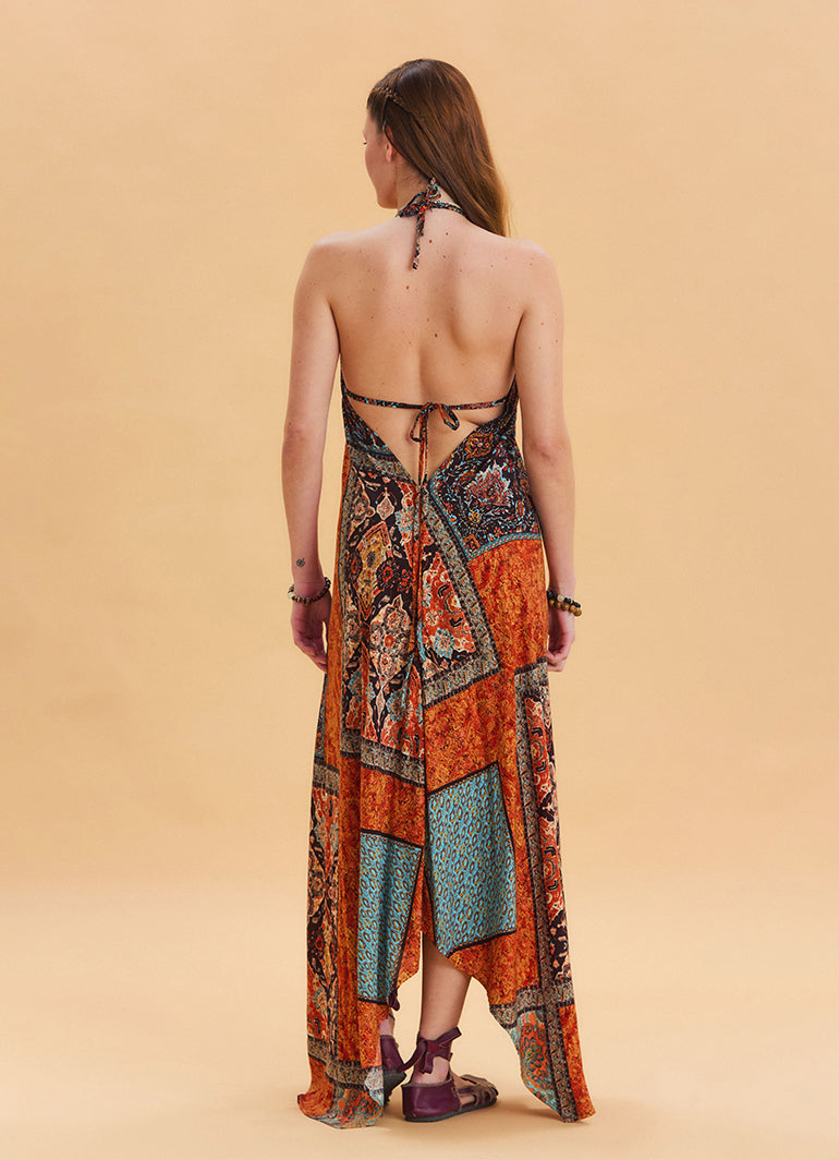 V Neck Backless Halter Neck Coffee Ethnic Dress 4654