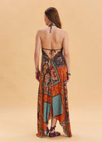 V Neck Backless Halter Neck Coffee Ethnic Dress 4654