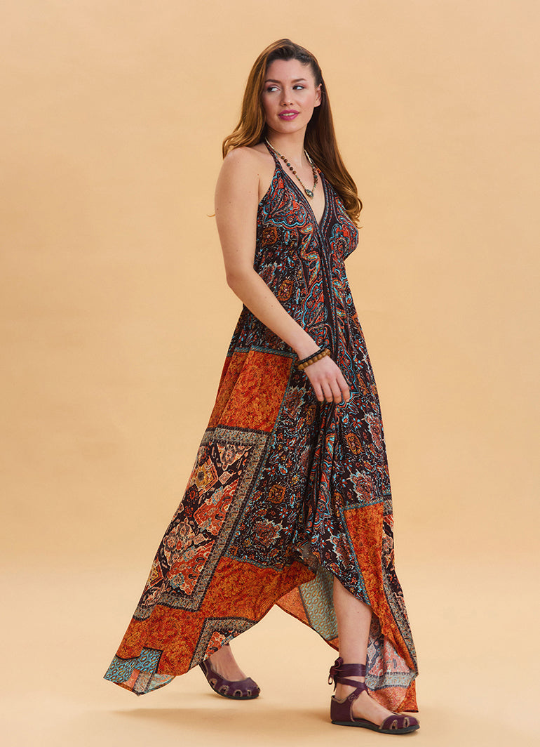 V Neck Backless Halter Neck Coffee Ethnic Dress 4654