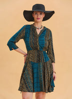 Grandad Collar Button Detailed Petrol Patterned Midi Dress 4461