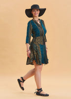 Grandad Collar Button Detailed Petrol Patterned Midi Dress 4461