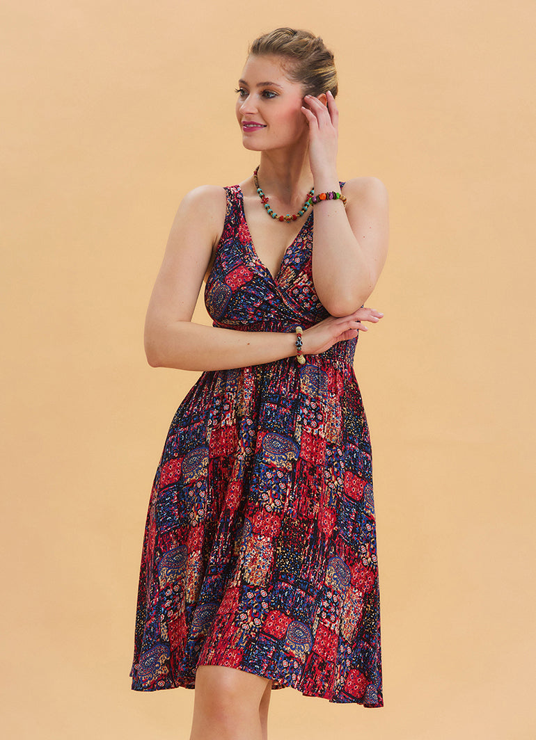 V Neck Robe Red Patterned Ethnic Dress 4515