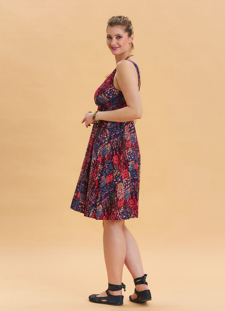 V Neck Robe Red Patterned Ethnic Dress 4515