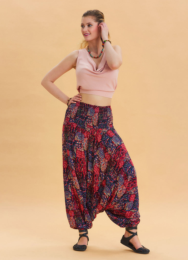Red Bohemian Shalwar with Elastic Waist and Gipe Detail 4536