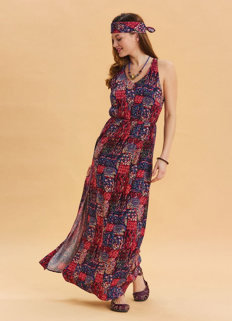 V Neck Slit Red Long Dress 4645