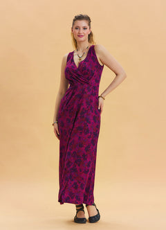 V Neck Slit Detail Patterned Wine Long Dress 4456