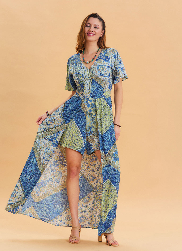 Blue Women's Ethnic Jumpsuit with Flounce Sleeves and Shorts Detail 4489
