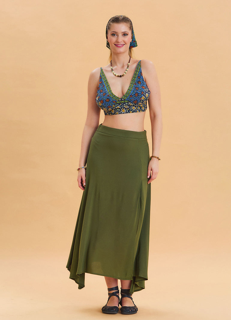 Khaki Asymmetrical Skirt with Zipper Detail and Slit 4639