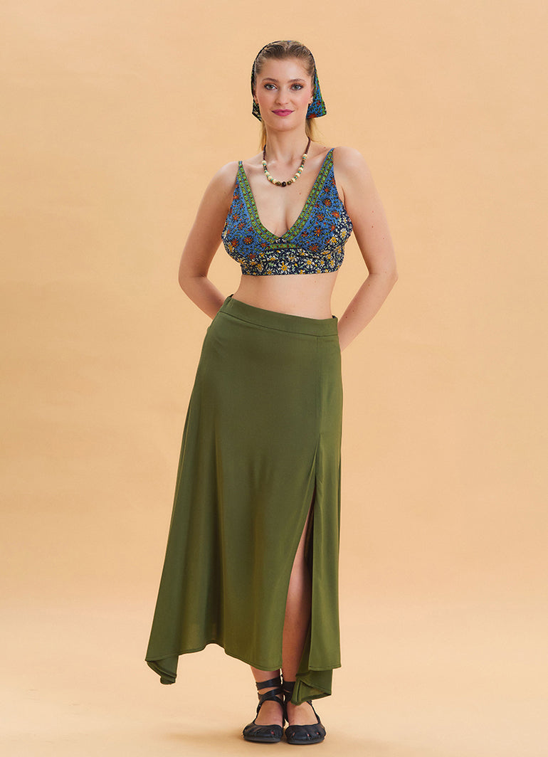Khaki Asymmetrical Skirt with Zipper Detail and Slit 4639