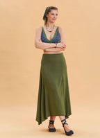 Khaki Asymmetrical Skirt with Zipper Detail and Slit 4639