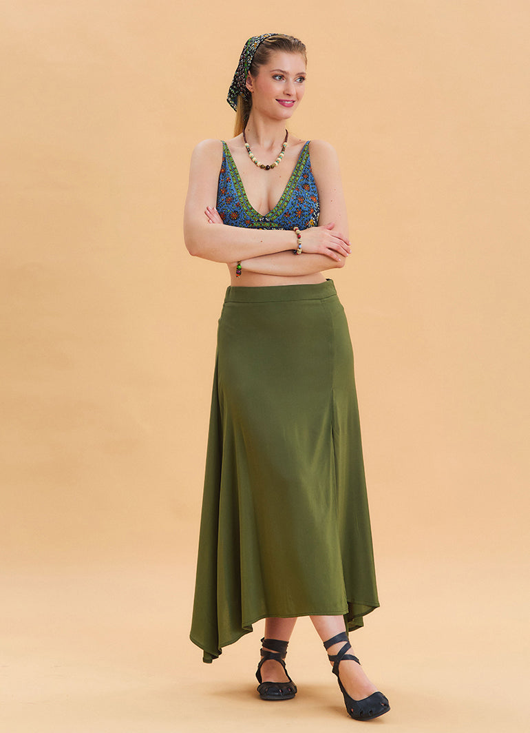 Khaki Asymmetrical Skirt with Zipper Detail and Slit 4639