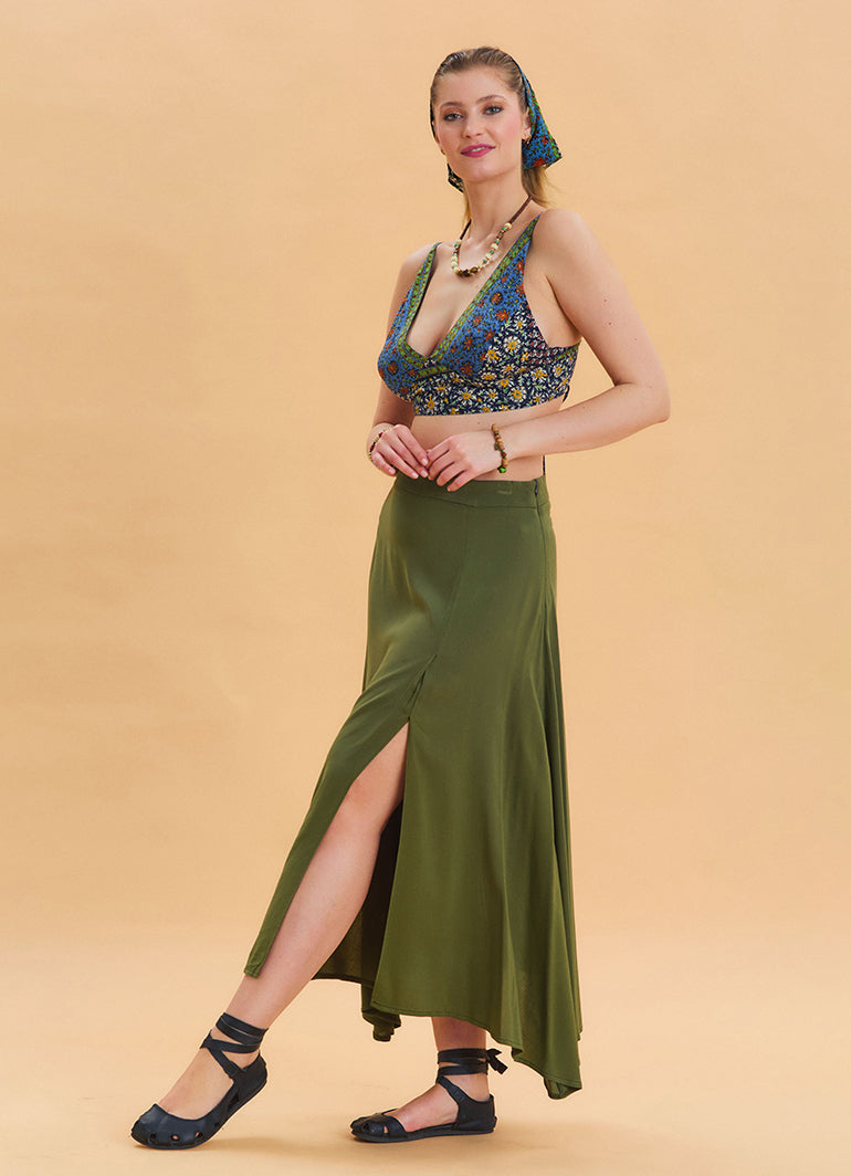 Khaki Asymmetrical Skirt with Zipper Detail and Slit 4639
