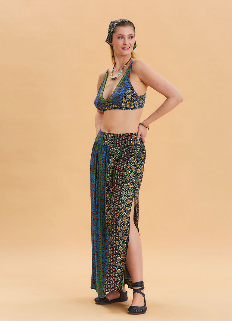 Navy Blue Long Skirt with Elastic Waist and Deep Slit 4502