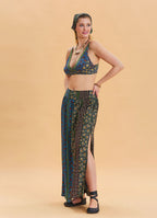 Navy Blue Long Skirt with Elastic Waist and Deep Slit 4502