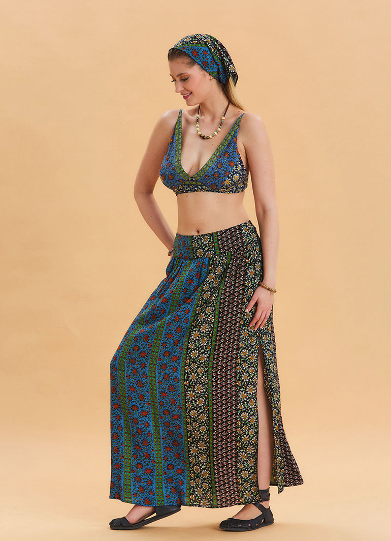 Navy Blue Long Skirt with Elastic Waist and Deep Slit 4502