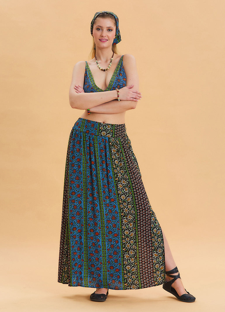 Navy Blue Long Skirt with Elastic Waist and Deep Slit 4502