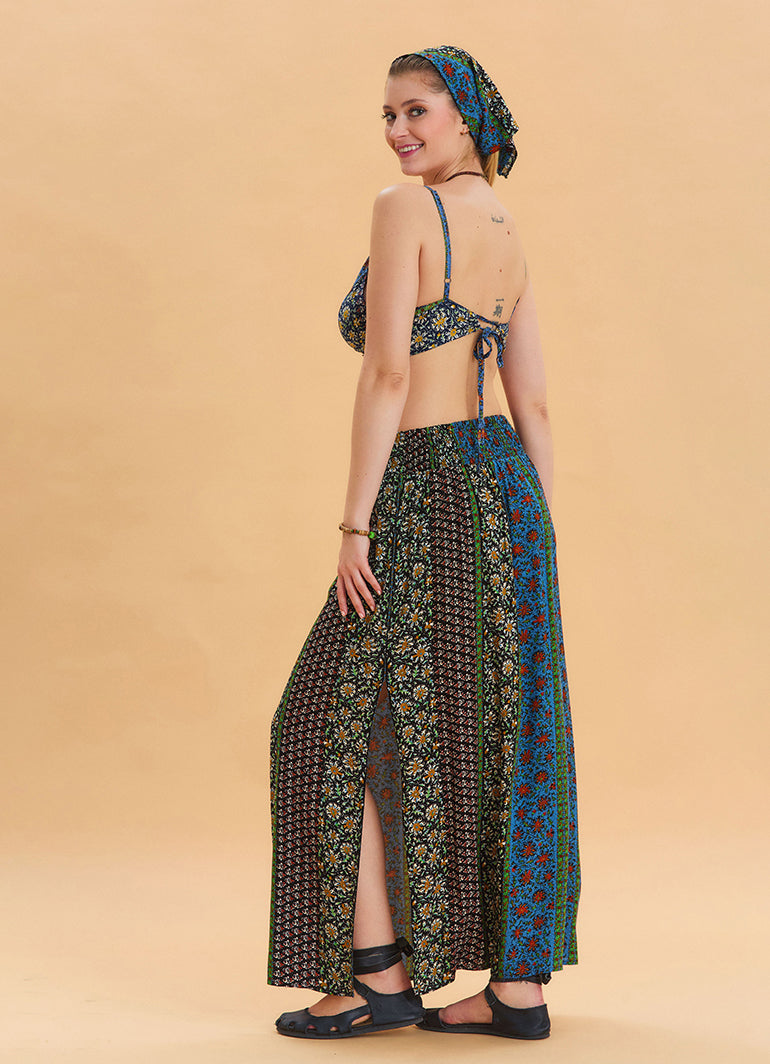 Navy Blue Long Skirt with Elastic Waist and Deep Slit 4502