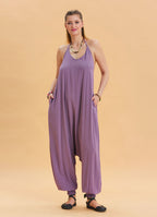 Lilac Bohemian Jumpsuit with Elasticated Legs and Tied Neck 4486