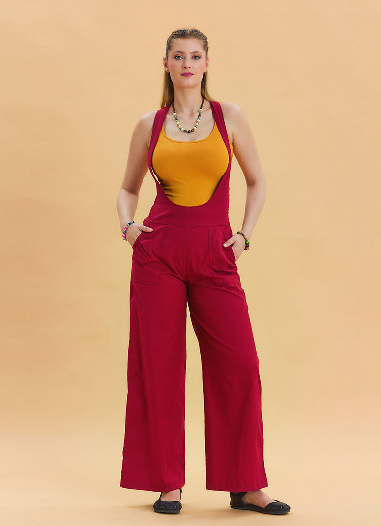 Red Womens Wide Leg Jumpsuit with Zipper Detail and Pockets 4673