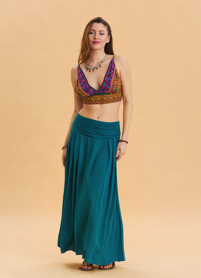 Elastic Waist Drape Detailed Petrol Long Skirt 4491