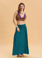 Elastic Waist Drape Detailed Petrol Long Skirt 4491