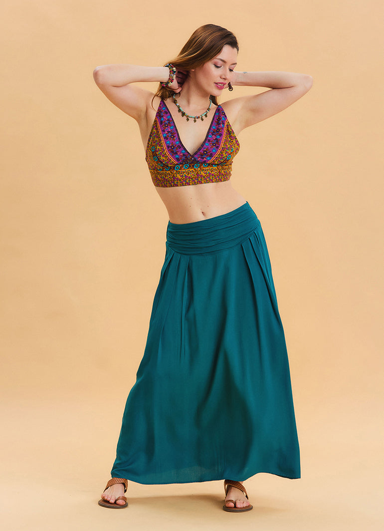 Elastic Waist Drape Detailed Petrol Long Skirt 4491