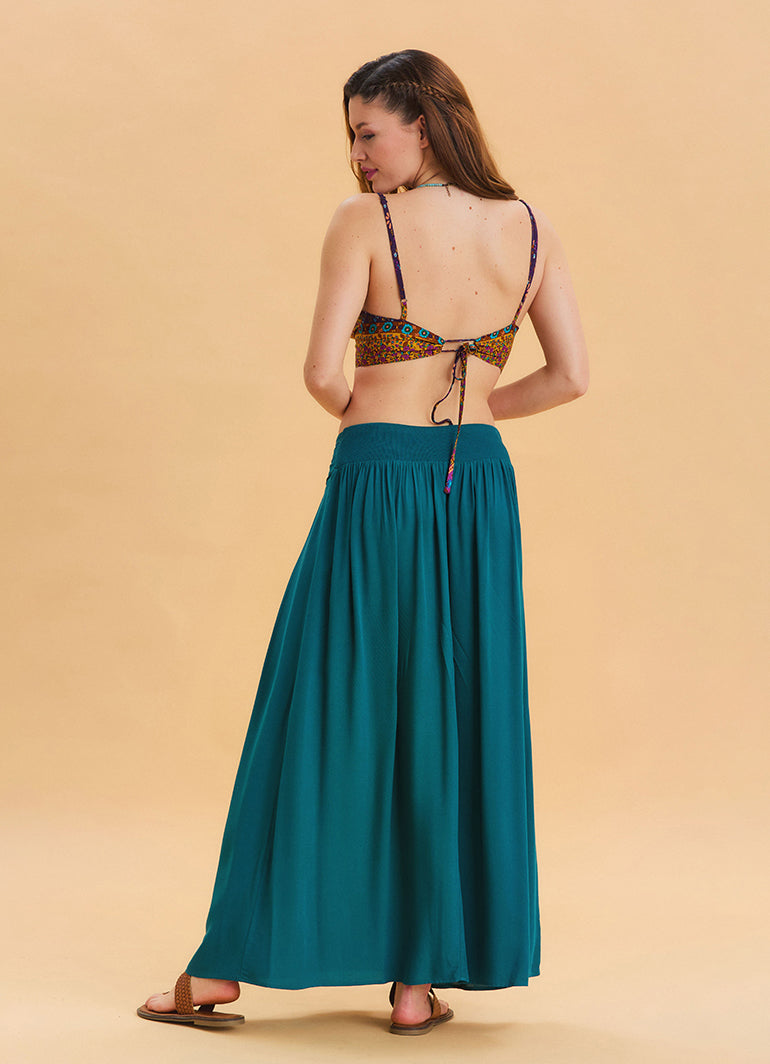 Elastic Waist Drape Detailed Petrol Long Skirt 4491