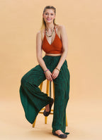 Green Ethnic Trousers with Elastic Waist and Tie Detail 4471