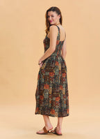 Khaki Ethnic Dress with Thick Straps and Buttons Throughout 4540