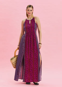 Halter Neck Slit Detailed Purple Long Dress 4610