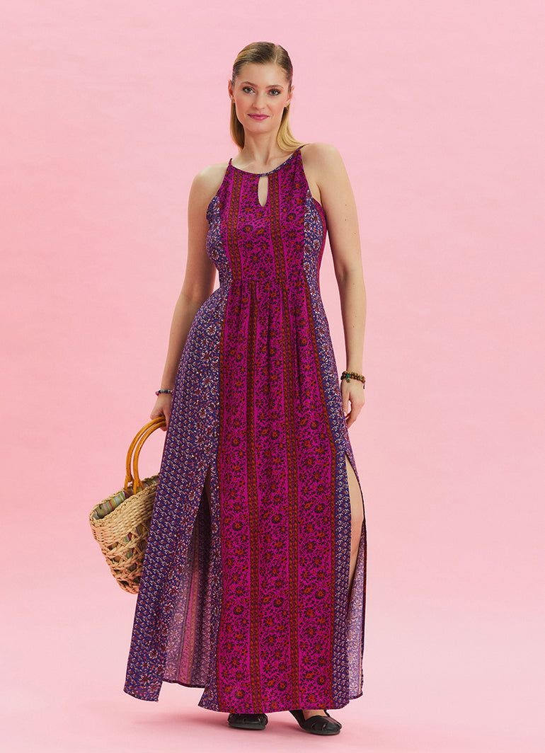 Halter Neck Slit Detailed Purple Long Dress 4610