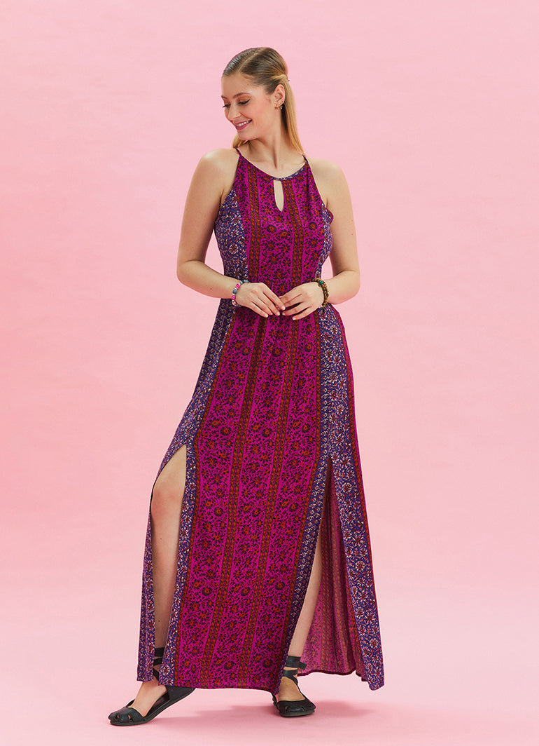 Halter Neck Slit Detailed Purple Long Dress 4610