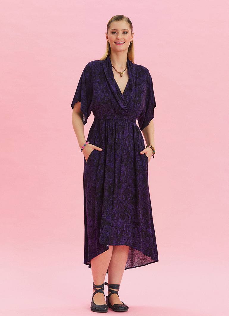 V Neck Gathered Detailed Purple Summer Dress 4533