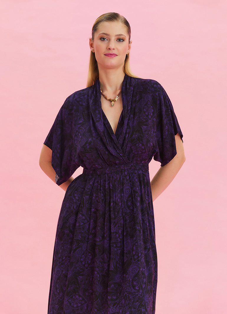 V Neck Gathered Detailed Purple Summer Dress 4533